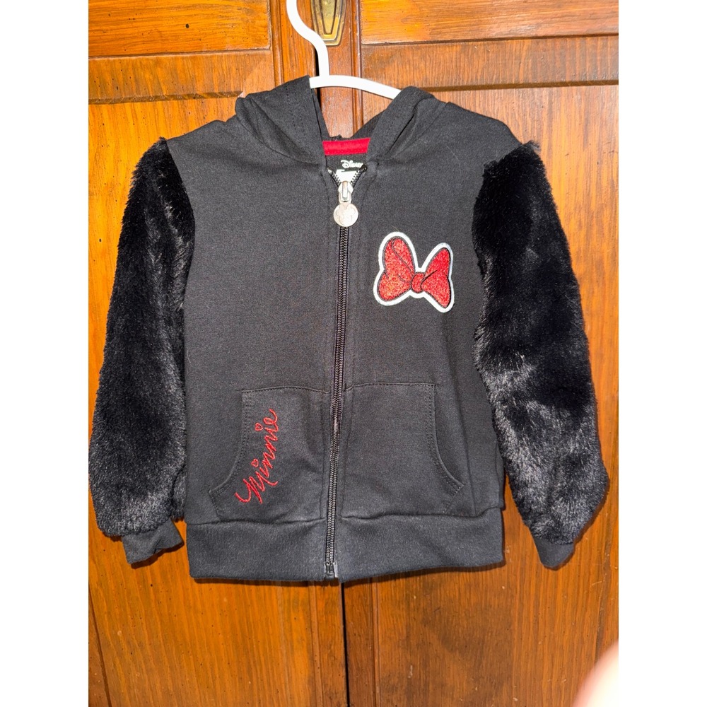 Disney Minnie Mouse Girls Black Faux Fur Sleeve Zip Hoodie 3D Ears Bow 2T